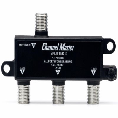 Channel Master 3-Way Splitter Distributes Digital HDTV Antenna Signal to 3 TVs, One Input and Three Outputs, Power Passing for Preamplifiers and Boosters, Low-Loss Design, Indoor/Outdoor