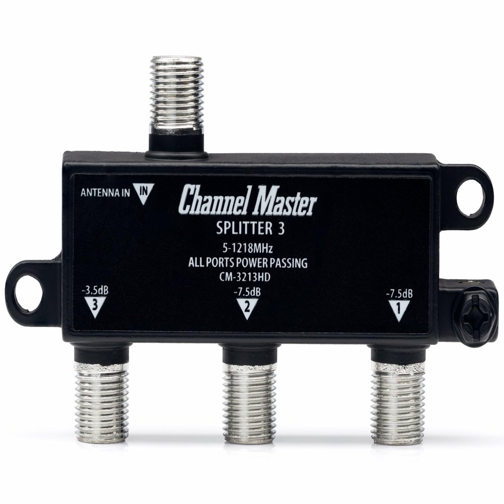 Channel Master 3-Way Splitter Distributes Digital HDTV Antenna Signal to 3 TVs, One Input and Three Outputs, Power Passing for Preamplifiers and Boosters, Low-Loss Design, Indoor/Outdoor