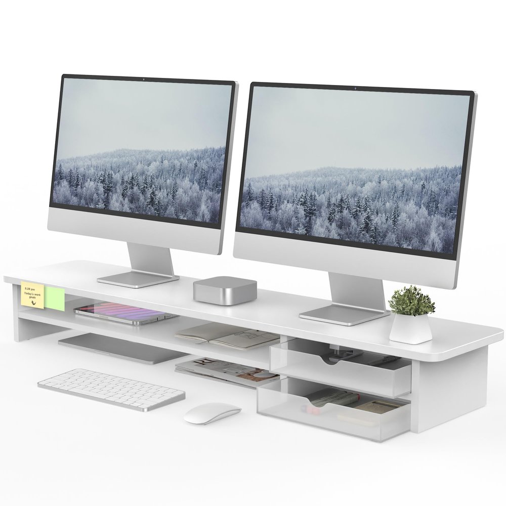 Fenge Monitor Stand, Dual Monitor Riser, 42.5inch Large Desk Computer Monitor Stand Riser with Drawer, 2 Tier Wood & Acrylic Desktop Organizer for Computer, Laptop, Printer, TV Screen Riser