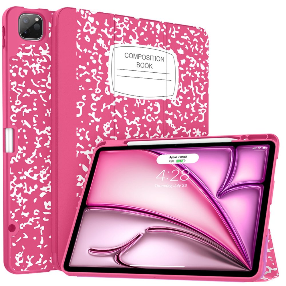 Soke Case for iPad Air 13 Inch (M3/M2,2025-2024), iPad Pro 12.9" 6th/5th Generation with Pencil Holder(2021 2022 Release)-[Apple Pencil Charging + Auto Wake/Sleep] Soft Back Cover, Book Hot Pink