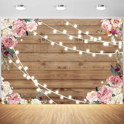 12x8ft Rustic Wood Backdrop Vintage Wooden Board Pink Flowers Photography Background Birthday Baby Shower Party Cake Table Banner Decoration Supplies Photo Booth Props