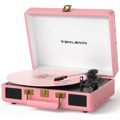 TANLANIN Vinyl Record Player Bluetooth, 3-Speed Turntable Vinyl Player, Portable Suitcase Record Players with USB/TF Recording & Playback, Built-in Speakers, Belt Drive, AUX/RCA/Headphone Jack, Pink
