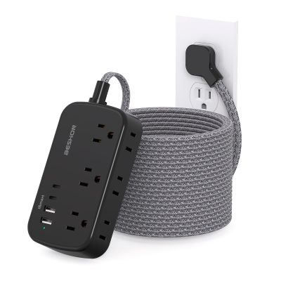 Extension Cord 25 Ft, BESHON Flat Plug Power Strip with 6 Outlets with 4 USB Ports(2 USB C), No Surge Protector for Home Office College Dorm Room Travel Essentials, Black