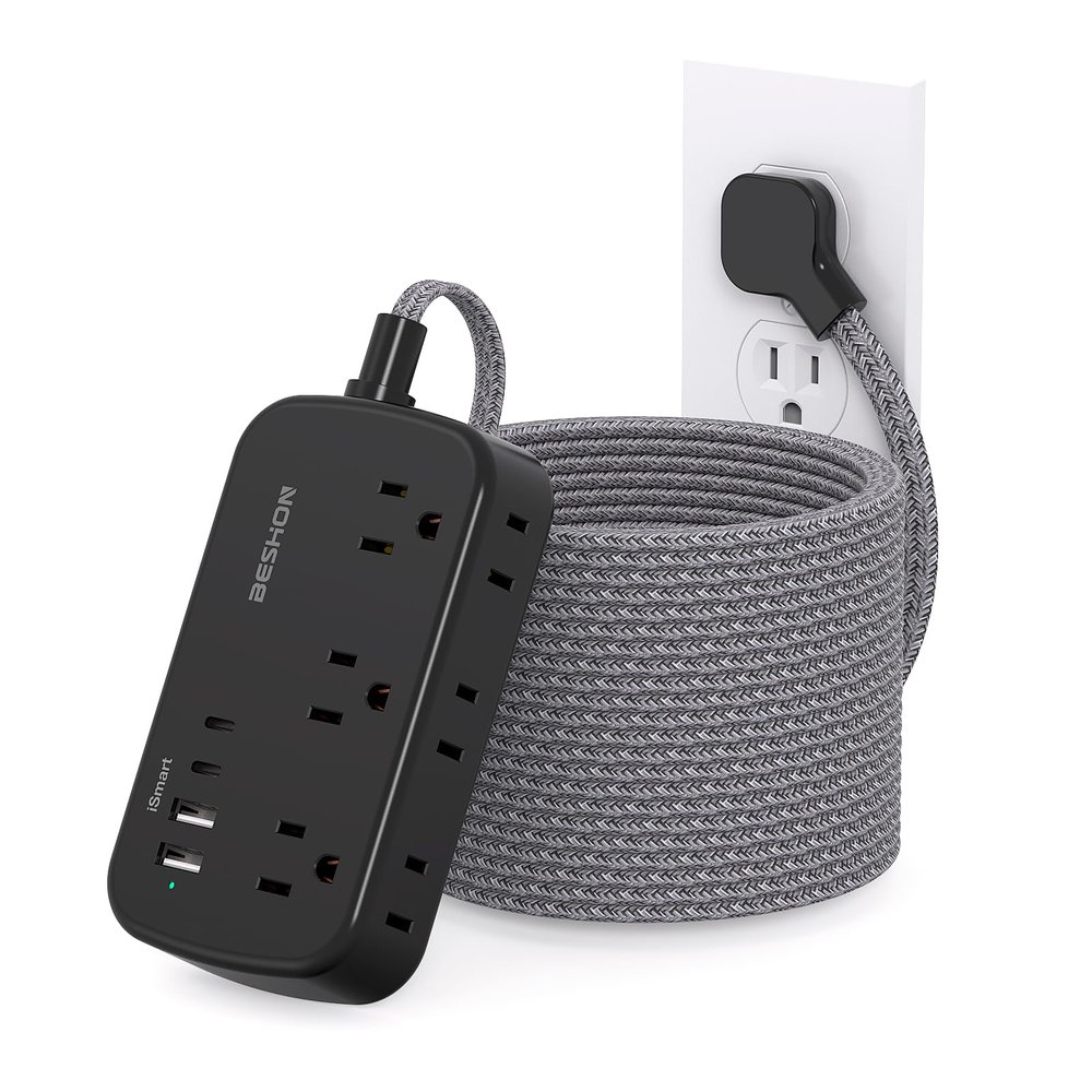 Extension Cord 25 Ft, BESHON Flat Plug Power Strip with 6 Outlets with 4 USB Ports(2 USB C), No Surge Protector for Home Office College Dorm Room Travel Essentials, Black