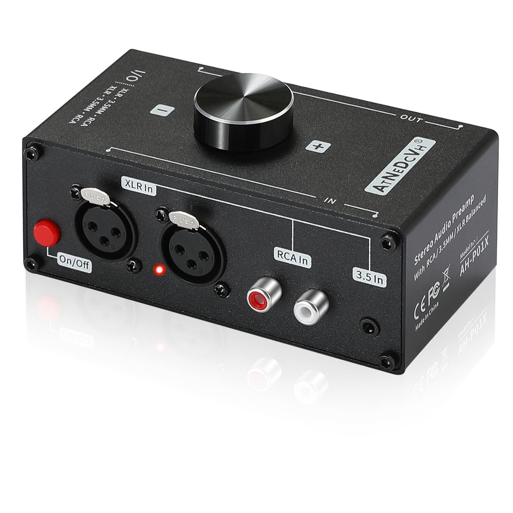 AtNeDcVh Stereo Audio Preamplifier - XLR Balanced RCA 3.5mm Input to XLR Balanced RCA 3.5mm Output Converter Adapter amp - Headphone Amplifier, Gain 20dB Phono Turntable Phonograph Preamp (Black)