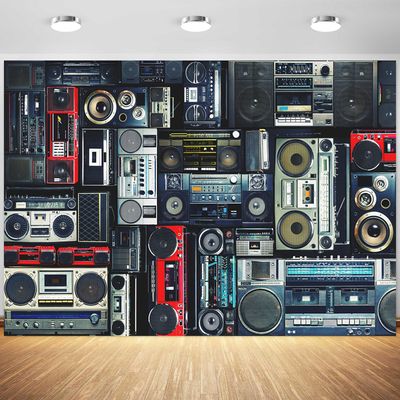 15x10ft Vintage Wall of Radio Backdrop Retro 80s Style Photography Background Nostalgic Old Fashion Music Antique Audio Loudspeaker Wallpaper Decoration Photo Booth Props