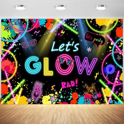12x8ft Lets Glow Backdrop Neon Glow Lets Party Photography Background Neon Birthday Glow Party Themed Cake Table Banner Decoration Supplies Photo Booth Props