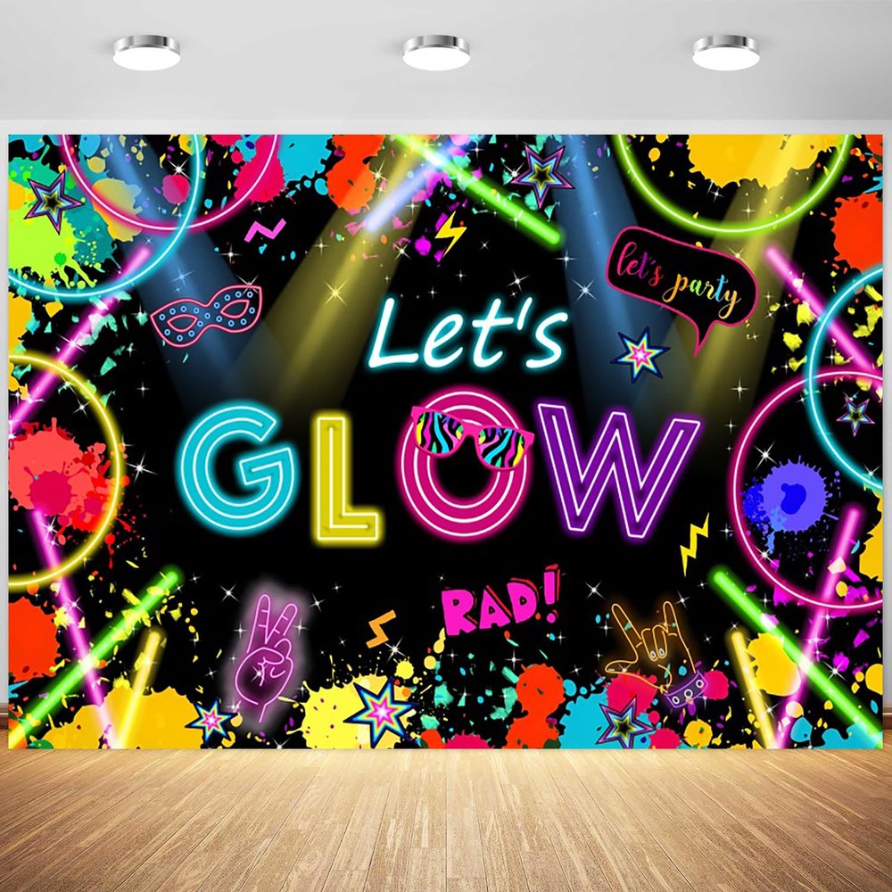 12x8ft Lets Glow Backdrop Neon Glow Lets Party Photography Background Neon Birthday Glow Party Themed Cake Table Banner Decoration Supplies Photo Booth Props