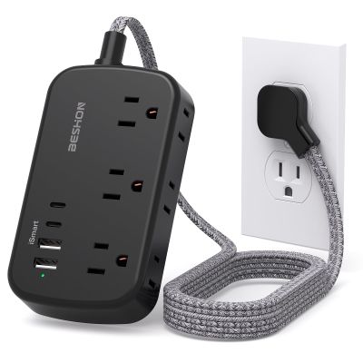 Black Extension Cord, BESHON 5FT Flat Plug Power Strip with USB C, 6 Outlets 4 USB Port(2 USB C), No Surge Protector, Cruise Ship, Dorm Room Travel Essentials