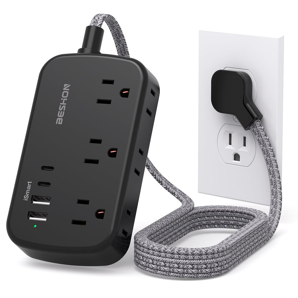 Black Extension Cord, BESHON 5FT Flat Plug Power Strip with USB C, 6 Outlets 4 USB Port(2 USB C), No Surge Protector, Cruise Ship, Dorm Room Travel Essentials