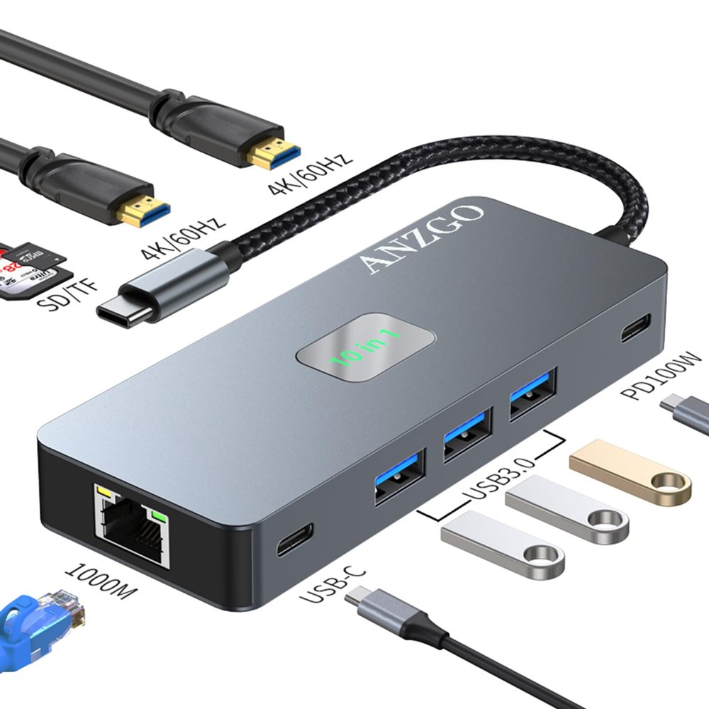 ANZGO USB C Docking Station Dual Monitor, USB C Dock, USB C Hub with Dual 4K 60HZ HDMI, 3 USB3.0 Ports, USB-C Data Port, PD 100W, 1000M Ethernet, SD/TF Card Reader