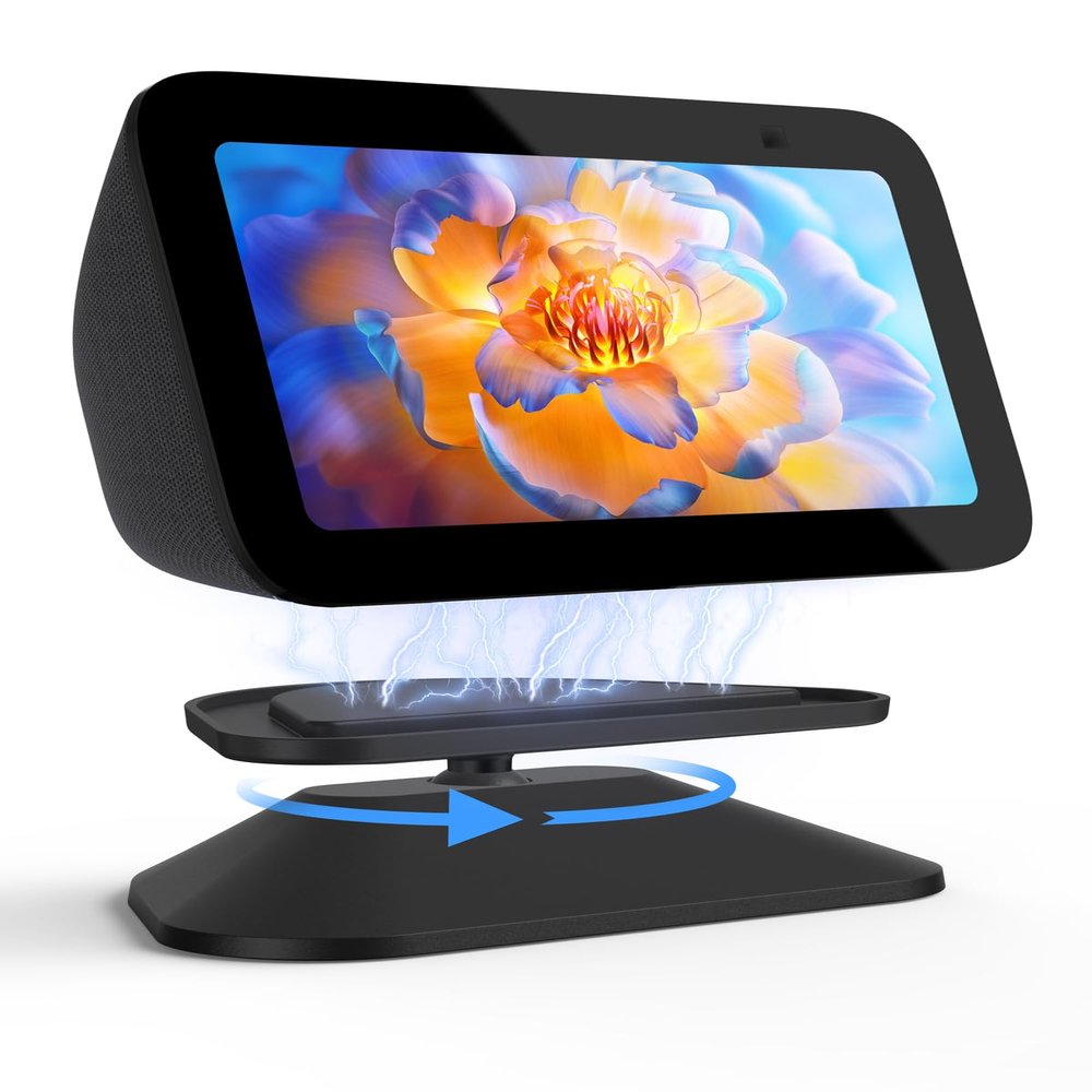 Maxonar Stand for Echo Show 5 (3rd Gen), Adjustable Tilt Swivel Stand Anti-Slip Base Strong Magnetic Compatible with 2023 Release Show 5 Smart Display & Mobile Phone 12/13/14 with Magnetic Case- Black