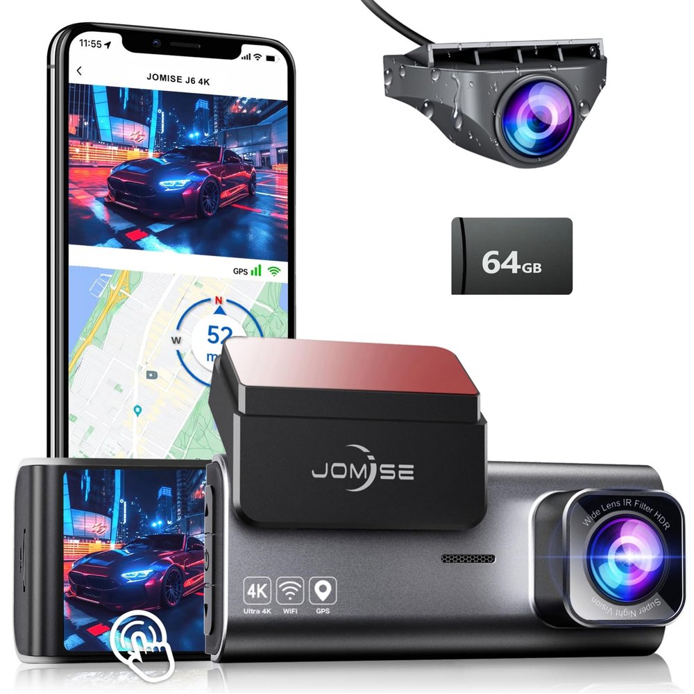 JOMISE 4K Dash Cam Front and Rear, 3.16 IPS Touch Screen, 64GB Card Included, Dual Dash Camera for Cars, Built-in GPS Wi-Fi, UHD 2160P Night Vision, WDR, 24H Parking Monitor (J6)