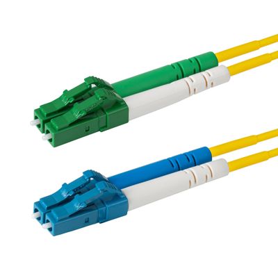 SpeedyFiberTX 1-Pack 25 Meter LC/U to LC/A Fiber Optic Patch Cable, Green, Blue, and White Boots, Corning SMF-28 Ultra Single-Mode 9/125um Optical Fiber, Duplex Yellow Riser OFNR Cable Jacket