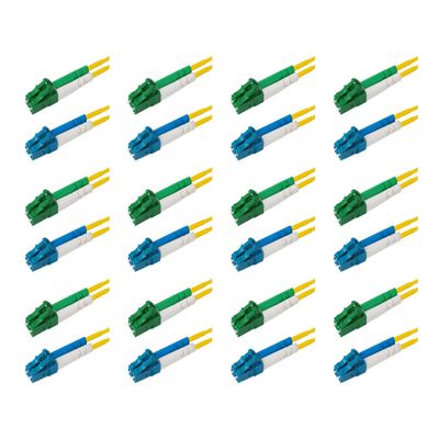 SpeedyFiberTX 12-Pack 6 Meter LC/U to LC/A Fiber Optic Patch Cable, Green, Blue, and White Boots, Corning SMF-28 Ultra Single-Mode 9/125um Optical Fiber, Duplex Yellow Riser OFNR Cable Jacket