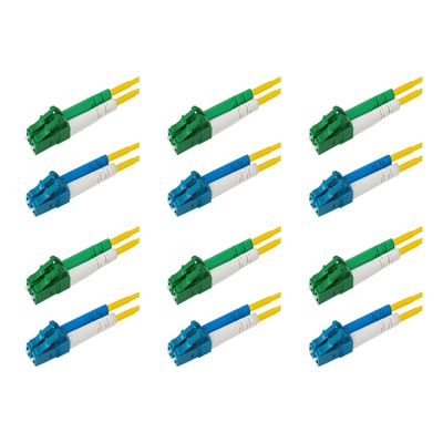 SpeedyFiberTX 6-Pack 125 Meter LC/U to LC/A Fiber Optic Patch Cable, Green, Blue, and White Boots, Corning SMF-28 Ultra Single-Mode 9/125um Optical Fiber, Duplex Yellow Riser OFNR Cable Jacket