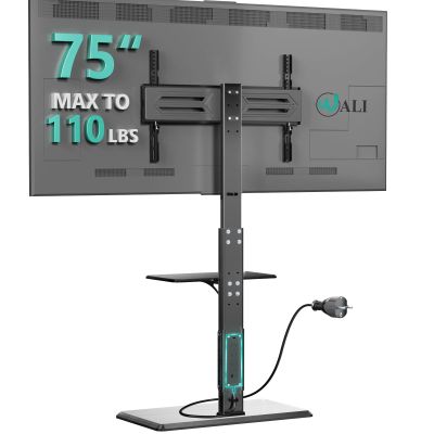 WALI Floor TV Stand with Power Outlet & AV Shelf, Tall TV Stand Mount for 32-75 inch TV up to 110 lbs, Swivel and Height Adjustable TV Stands with Wood Base for Bedroom, Office(TVDVD-6P), Black