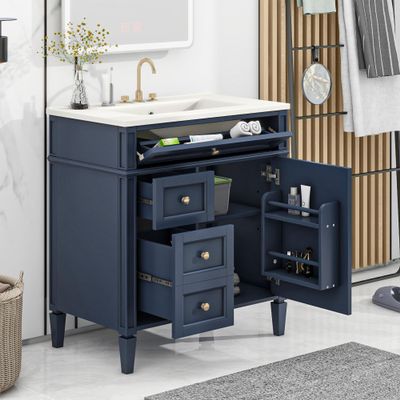 Polibi 30" Bathroom Vanity with Top Sink,Single Sink Vanity Cabinet with Door Organizer,Modern Bathroom Storage Cabinet with 2 Drawers and a Tip-Out Drawer(Blue)
