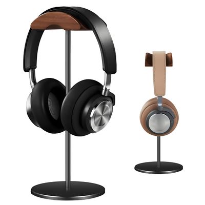 BEVCEFCC Headphone Stand Holder Headset Holder with Wood and Aluminum Desktop Headphone Stand Headset Stand for Desk with Solid Heavy Base Wood Headphones Stand for All Headphone Sizes (Black)