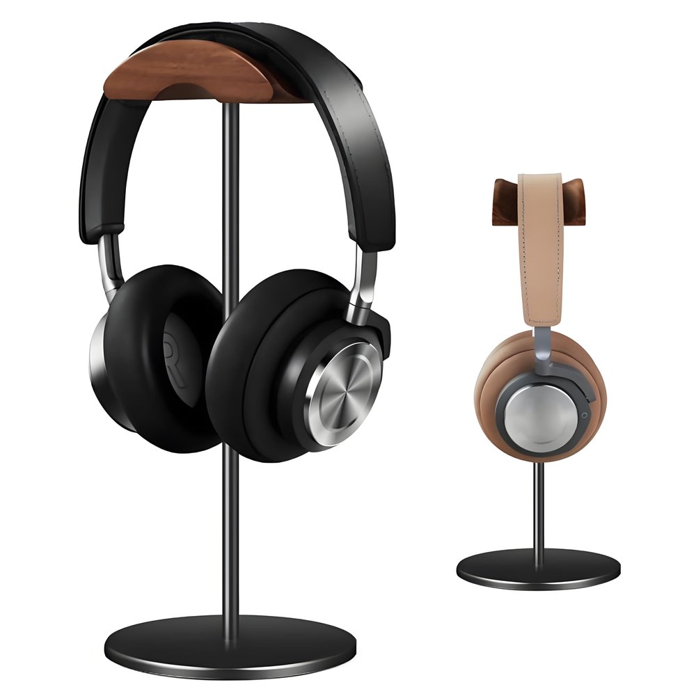 BEVCEFCC Headphone Stand Holder Headset Holder with Wood and Aluminum Desktop Headphone Stand Headset Stand for Desk with Solid Heavy Base Wood Headphones Stand for All Headphone Sizes (Black)