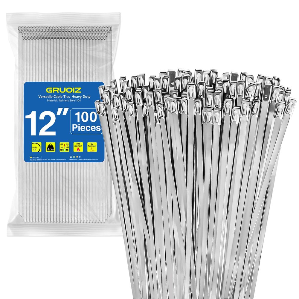 12 inch Stainless Steel Cable Zip Ties 100Pack 304 Metal Cable Ties with 270lbs Tensile Strength Heavy Duty Zip Ties for Farms Pipes Roofs Workshop Outdoor Fence Use