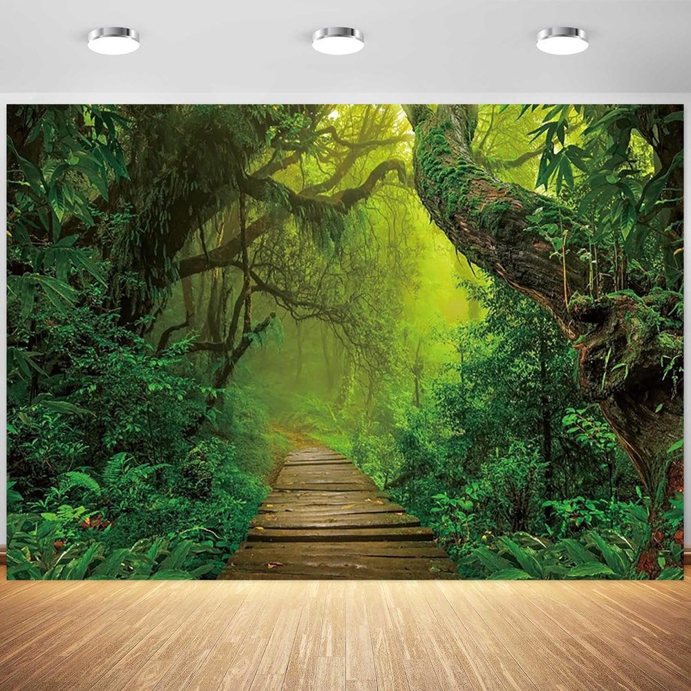 10x6.5ft Forest Backdrop Jungle Rainforest Spring Enchanted Nature Green Woodland Photography Background Hiking Camping Theme Party Decoration Portrait Photo Booth Props