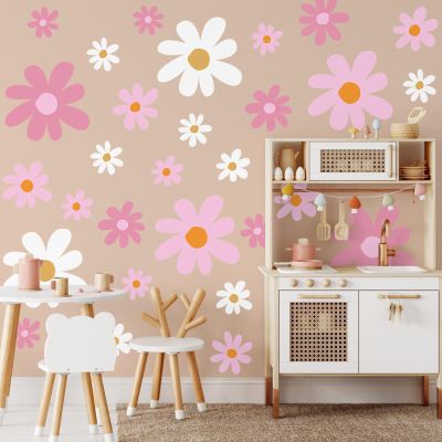 TaoBary 12 Sheet Daisy Wall Sticker Decal Removable Cute Daisy Bedroom Room Decor Flower Wall Sticker Pink White Flower Decal Wallpaper Peel and Stick for Nursery Home(Pink Color,Vibrant Style)
