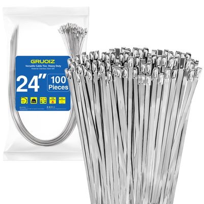 24 inch Stainless Steel Cable Zip Ties 100 Pack 304 Metal Cable Ties with 270lbs Tensile Strength Heavy Duty Zip Ties for Farms Pipes Roofs Workshop Outdoor Fence Use