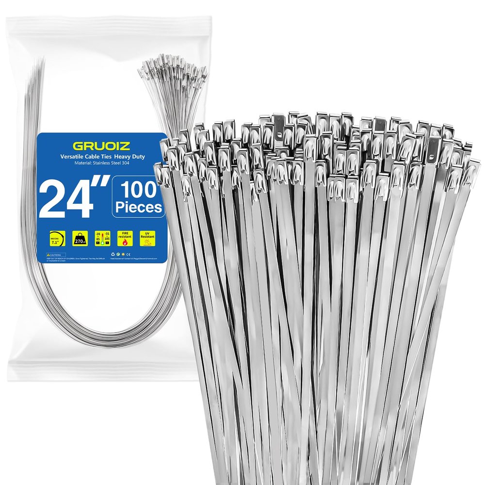 24 inch Stainless Steel Cable Zip Ties 100 Pack 304 Metal Cable Ties with 270lbs Tensile Strength Heavy Duty Zip Ties for Farms Pipes Roofs Workshop Outdoor Fence Use