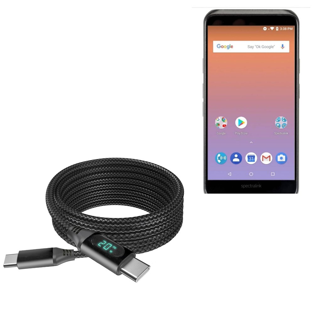 BoxWave Cable Compatible with SpectraLink Versity 9540 Smartphone - PowerDisplay PD Cable (6ft) - USB-C to USB-C (100W), LED Wattage Info Extra Long Braided Nylon - Jet Black