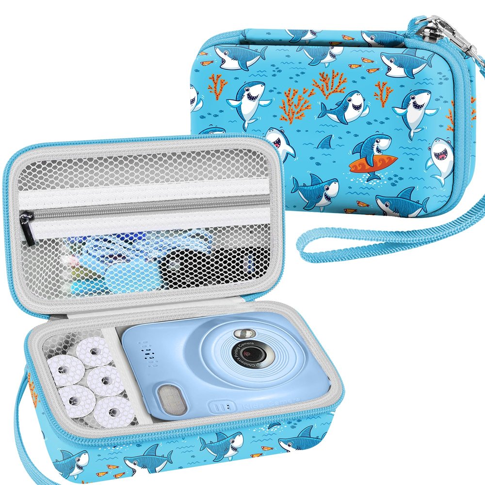 Leayjeen Kids Camera Case Compatible with Gofunly/Aasonida/CAMCLID/LETSHAHA Kids Instant Print Camera, Kids Instant Camera for 1080P Printed Photos,Birthday Gifts for Kids-Blue Sharks(Case Only)