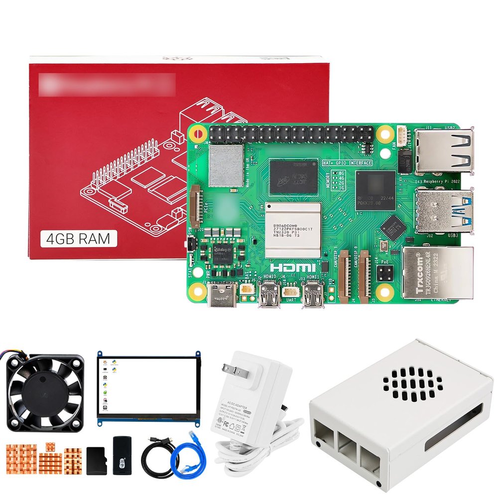 Yahboom Pi 5 4GB Board Starter Kit with 7inch IPS Display, 27W 5.1V/5A Power Adapter Heat Sink, Metal Case, HDMI Cable (Pi5 4GB, 7-in Screen Kit)