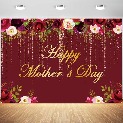 12x8ft Happy Mothers Day Backdrop Red Gold Flowers Photography Background Birthday for Women Mothers Day Party Cake Table Banner Decoration Supplies Photo Booth Props