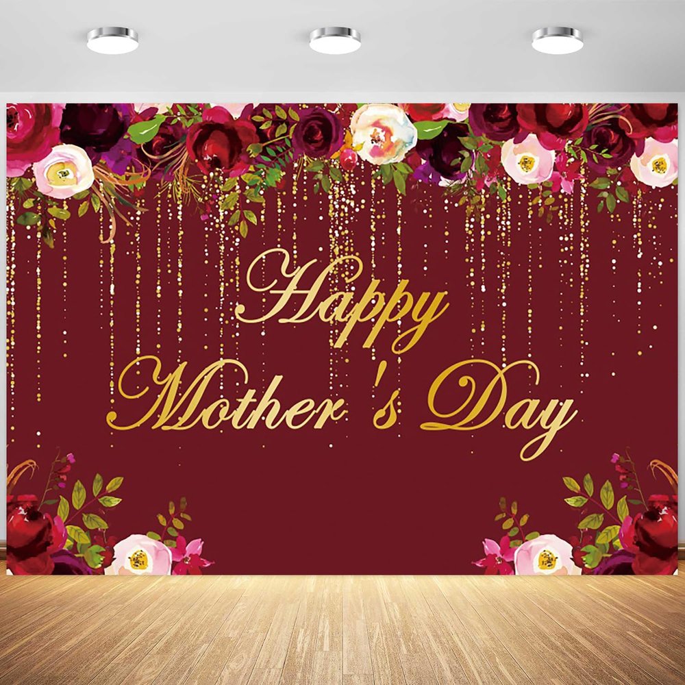 12x8ft Happy Mothers Day Backdrop Red Gold Flowers Photography Background Birthday for Women Mothers Day Party Cake Table Banner Decoration Supplies Photo Booth Props