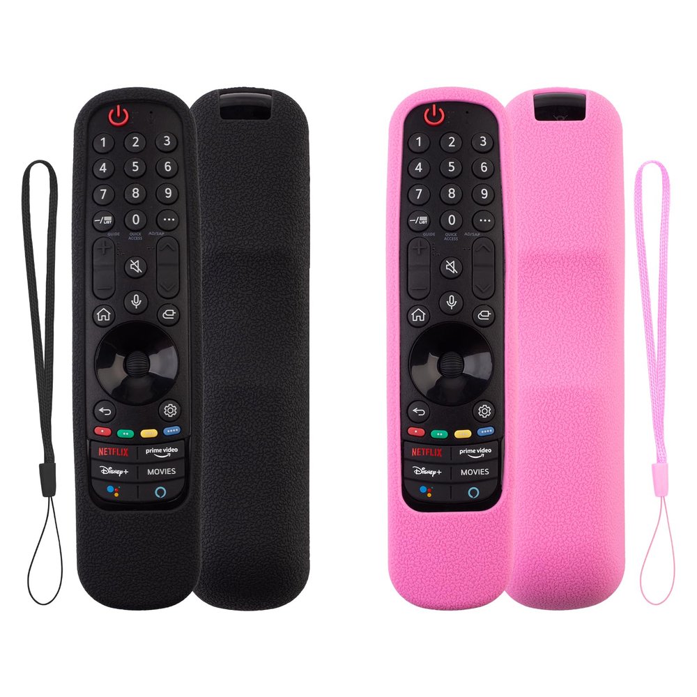 2 Pack Remote Cover for LG Magic, Silicone Protective Case for LG Smart TV Remote Controller LG MR21/ 22/23 Shockproof Anti-Slip Remote Case Remote Sleeve with Anti-Lost Loop (Black + Pink not Glow)