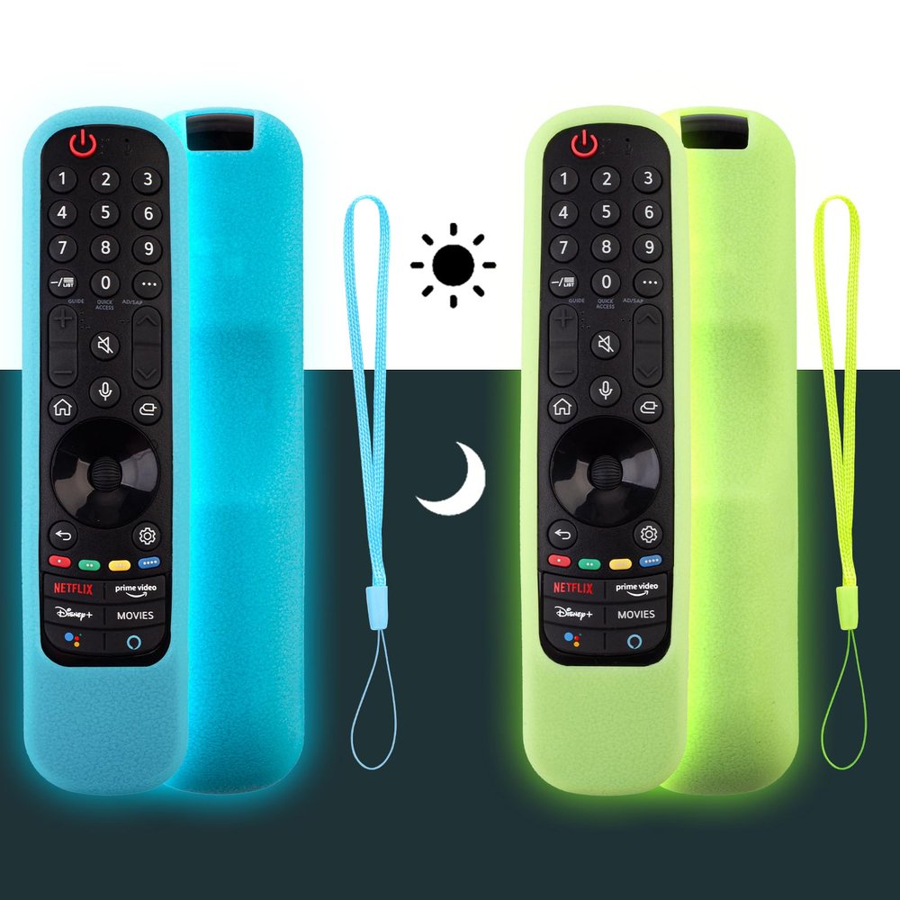 2 Pack LG Magic Remote Cover - Silicone Protective Case for LG Smart TV Remote Controller MR21/22/23 - Shockproof, Anti-Slip, Anti-Lost Loop, Glow in The Dark (Glow Green + Glow Blue)