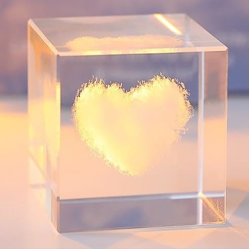QINGXU 3D Cube Crystal Desktop Decoration, Desktop LED Base Night Lights, Cloud Lights, Gifts for Friends, Family, Lovers, Children (Size : Heart)