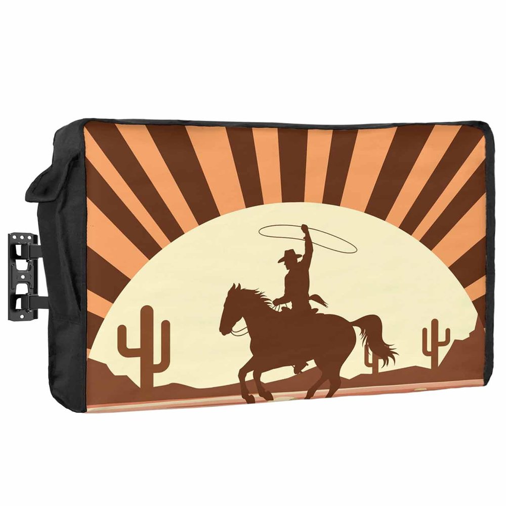 DecorLovee Outdoor TV Cover 40 to 43 Inches Weatherproof, Western Cowboy Outdoor TV Enclosure with Remote Control Pocket, Brown Orange Striped Abstract Art TV Screen Protectors for Outside TV