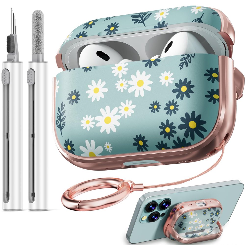 Inesore for AirPods Pro 2nd Generation Case Cover with Lock, Flowers Cute Air Pods Pro 2 Case Hard iPod Pro Cases for Women Girls with Cleaner Kit (2023 USB-C /2022/2019) - Green Daisy