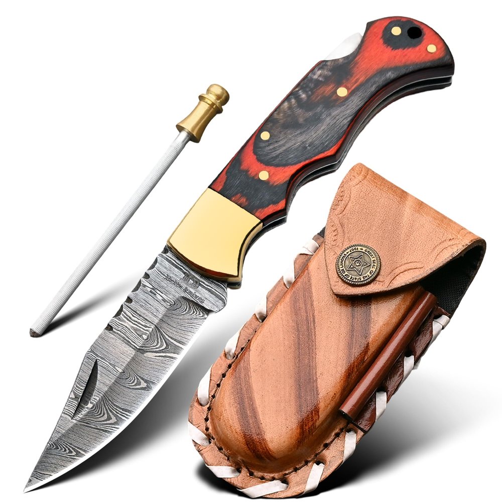 Handmade Damascus steel Pocket knife-Damascus pocket knife for men - Good for camping, survivals indoors & outdoors-6.5" Natural Bone Handle(Skull Enraved) (Red)
