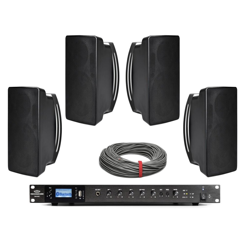 Pure Resonance Audio Restaurant Sound System Featuring (4) 4.5"" 70 Volt Outdoor Surface Mount Speakers & 240 Watt Rack Mount Mixer Amplifier, 2S5RMA240BT