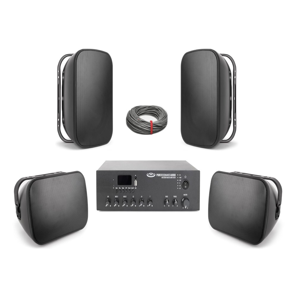 Pure Resonance Audio - (4 6.5"" 70V Outdoor Surface Mount Speakers + 120 Watt Bluetooth Mixer Amplifier - Sound System for Restaurant/Bar/Cafe, 4S61MA120BT