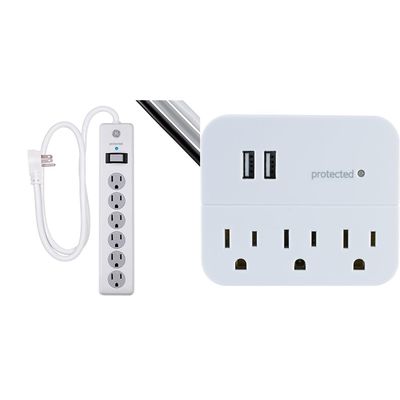 GE 6-Outlet Surge Protector, 4 Ft Extension Cord, Power Strip, 800 Joules & 3-Outlet Extender Sur Protector with 2 USB Ports, Charging Station, Wall Tap, Protected Indicator Light
