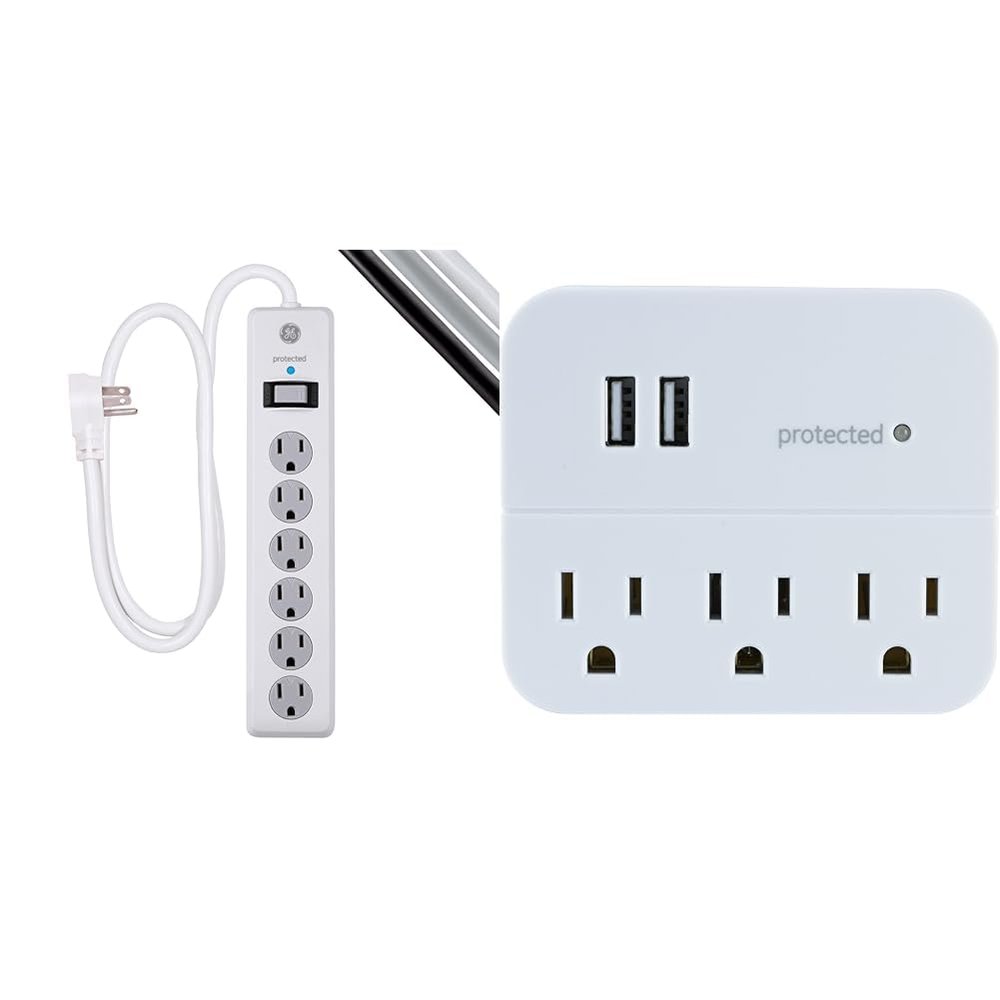 GE 6-Outlet Surge Protector, 4 Ft Extension Cord, Power Strip, 800 Joules & 3-Outlet Extender Sur Protector with 2 USB Ports, Charging Station, Wall Tap, Protected Indicator Light