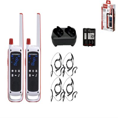 Motorola Solutions Talkabout Portable Red Cross FRS T478 Two Way Radio 2 Pack Walkie Talkies White/Red 22 Channels 4 PTT Earpieces Dual Chargers Emergency Preparedness