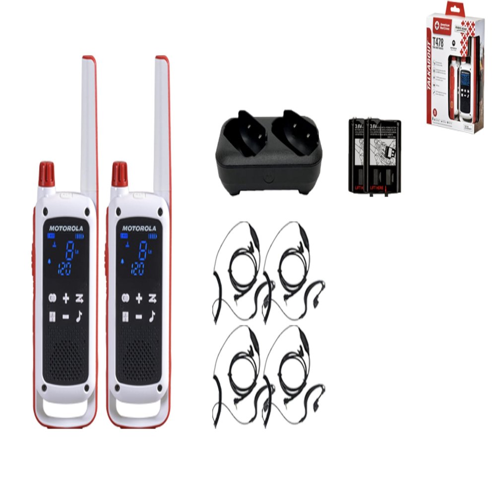 Motorola Solutions Talkabout Portable Red Cross FRS T478 Two Way Radio 2 Pack Walkie Talkies White/Red 22 Channels 4 PTT Earpieces Dual Chargers Emergency Preparedness