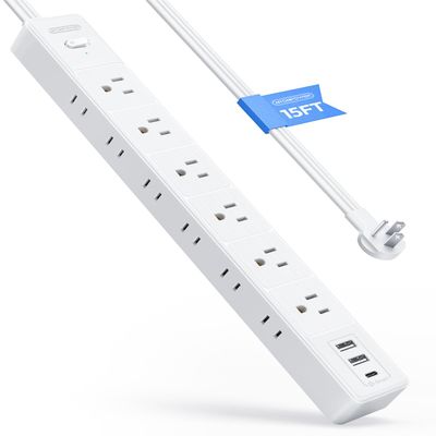 15 FT Flat Extension Cord with 12 AC Outlets with 3 USB Ports (1 USB C), 1875W 15A 14 Gauge 3 Prong, 1080J Long Surge Protector Power Strip, On-Off Switch, Mountable for Home Office Garage Workshop