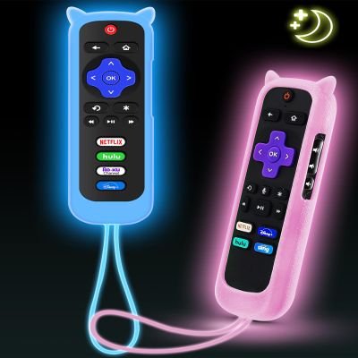 2Pack ONEBOM Cover for Roku Remote with Cat Ears Design, Silicone Skin Case Compatible with Hisense/TCL Roku TV, Steaming Stick/Express, Universal Replacement Controller. Glow in The Dark,Blue/Pink