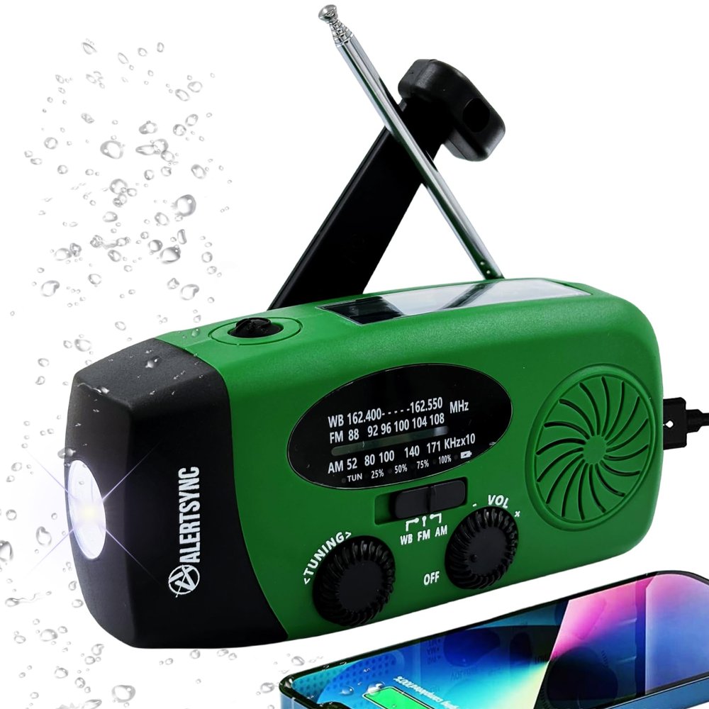 5000mAh Hand Crank Emergency Weather Radio, AM FM NOAA Solar Radio with Led Flashlight and Earphone Jack, Charger for Smartphone, USB-C Cable/Self Powered with SOS Alarm (Green)