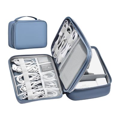 miloocul Double Layer Leather Cable Organizer Bag Large Capacity Waterproof Tech Organizer Case for Travel Electronics Accessories Storage Case with Adjustable Divider(Gray&Blue, Double Layer-Small)